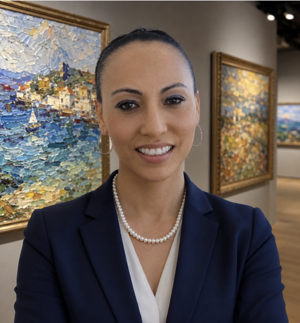 Pandora Paris Morani, founder, standing before culinary works from the collection